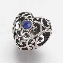 Perles européennes en alliage avec strass de style tibétain, Perles avec un grand trou   , coeur creux, argent antique, bleu, 12x12.5x9.5mm, Trou: 5mm