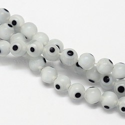 Hechos a mano de cristal de murano mal ojo hebras de perlas redondas, blanco floral, 6mm, agujero: 1 mm, aproximamente 65 pcs / cadena, 14.17 pulgada