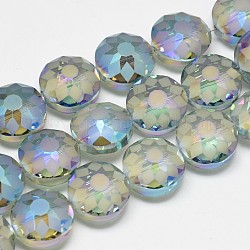 Electroplate Glass Beads Strands, Frosted, Rainbow Plated, Faceted, Flat Round, Light Sky Blue, 12x8~9mm, Hole: 1mm, about 50pcs/strand, 23.62 inch