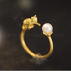 925 anillo de plata de ley con perla y gato abierto con perla de imitación, dorado, nosotros tamaño 7 1/4 (17.5 mm)