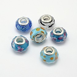 Mixed Styles Handmade Lampwork Large Hole Faceted Rondelle European Beads, with Double Silver Color Brass Cores, Mixed Color, 14x9mm, Hole: 4.5mm