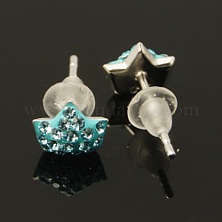 Sterling Silver Austrian Crystal Rhinestone Ear Studs, Crown, 202_Aquamarine, 6x5x3mm, Pin: 0.8mm