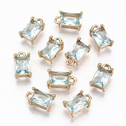 Brass Glass Rhinestone Pendants, Long-Lasting Plated, Cadmium Free & Lead Free, Rectangle, Light Gold, Aquamarine, 10x6x4.5mm, Hole: 1.4mm