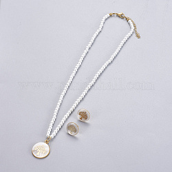 Kits de bijoux en 304 acier inoxydable, pendentifs et boucles d'oreille, avec coquille et perles en plastique, plat et circulaire avec arbre de vie, or, blanc, 17.5~17.8 pouce (44.5~45.3 cm), 16mm, pin: 0.8 mm