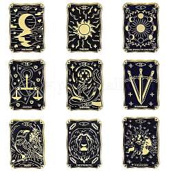 9 broche en alliage de 9 styles., épingles en émail, or clair, insignes de cartes de tarot, noir, 30.5x21.5x1.5mm, 1pc / style