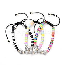 Ensembles de bracelets de perles tressés avec cordon de nylon réglable, avec des perles heishi en pâte polymère, perles de boule disco pavées de strass et perles en laiton, couleur mixte, diamètre intérieur: 2-1/8 pouce ~ 3-3/4 pouces (5.5~9.7 cm), 3 pièces / kit