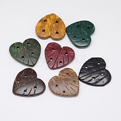 Кнопки резьба сердце кокосовые кнопки 4 отверстия швейные скрапбукинга, окрашенные, разноцветные, 29x29x3~5 мм, отверстие : 2 мм