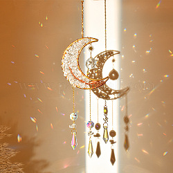 Puce de quartz rose naturel et décoration de pendentif attrape-soleil suspendu lune en laiton, pendentifs de prisme de verre de cône de cristal ab, 320x85mm
