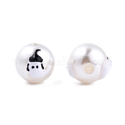 Halloween Opaque ABS Plastic Imitation Pearl Enamel Beads, Round with Ghost, Black, 11.5~12mm, Hole: 2mm