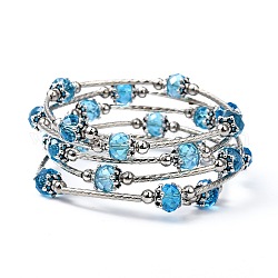 Bracelets enroulés à la mode, avec des perles de verre rondelles, Coupelles de style tibétain , laiton perles de tubes et de fils d'acier de la mémoire, bleu profond du ciel, diamètre intérieur: 55 mm