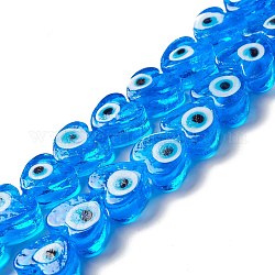 Handgemachte Glasperlen bösen Blick, Herz, Verdeck blau, 14.5~15x15.5~16x6.5~7.5 mm, Bohrung: 1~1.6 mm, ca. 25 Stk. / Strang, 14.02~13.66 Zoll (34.7~35.6 cm)