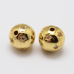 Brass Micro Pave Cubic Zirconia Beads, Round, Lead Free & Nickel Free, Golden, 9mm, Hole: 1.8mm