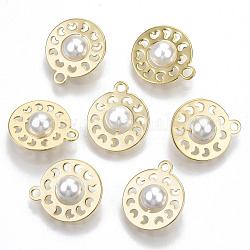 Colgantes de latón, con cuentas de perlas de imitación de plástico abs, sin níquel, plano y redondo, real 18k chapado en oro, blanco cremoso, 16x14x6mm, agujero: 1.6 mm