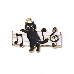 Charme de thème musical, Pendentifs d'émail en alliage, chat avec des partitions de musique, or, blanc, 21.5x27.5x1.2mm, Trou: 2mm