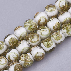Perline murano con sabbia d'oro fatto a mano, tondo, bianco, 10~11x9~9.5mm, Foro: 1.5~2 mm