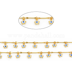 Handmade Brass Bar Link Chains, Soldered, with Enameled Star & Evil Eye Charms, with Spool, Long-Lasting Plated, Real 18K Gold Plated, White, Link: 12.5x1.8x0.8mm, Star: 8x6.5x2.5mm, about 32.8 Feet(10m)/roll