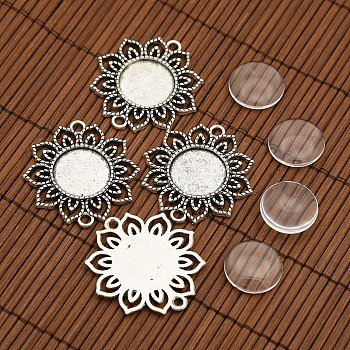 Tibetan Style Alloy Flower Connector Cabochon Bezel Settings and Flat Round Transparent Glass Cabochons DIY-X0204-AS