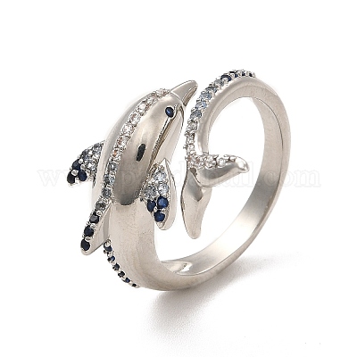 Открытое кольцо-манжета с голубым цирконием и дельфином RJEW-C048-08P-1