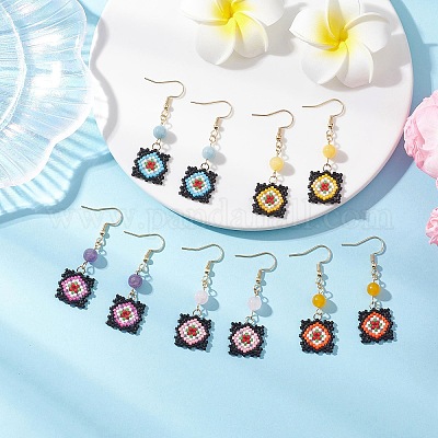 Серьги-подвески ручной работы из стеклянных бусин с узором «окно-решетка» EJEW-MZ00560-1