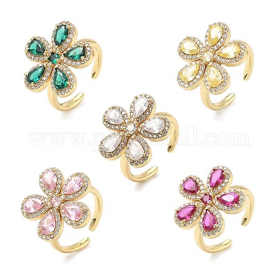 Кольца-манжеты из цветочной латуни с микропаве из кубического циркония для женщин RJEW-A069-14G-1