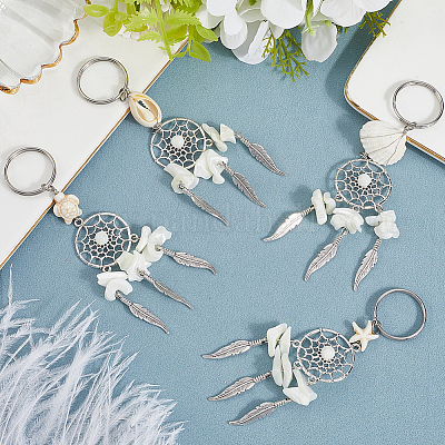 2 комплект брелоков из сплава в тибетском стиле с натуральными ракушками и синтетической бирюзой KEYC-SP0001-33-1