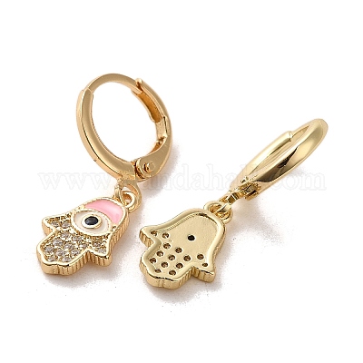 Серьги-подвески из латуни с рычажком из настоящей позолоченной латуни хамса со сглазом EJEW-Q797-04A-01G-1