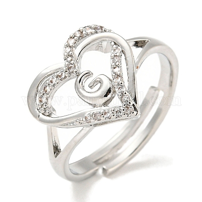 Регулируемые кольца из латуни с микро-паве в форме сердца и стойки для писем для женщин с прозрачным фианитом RJEW-I105-01P-G-1