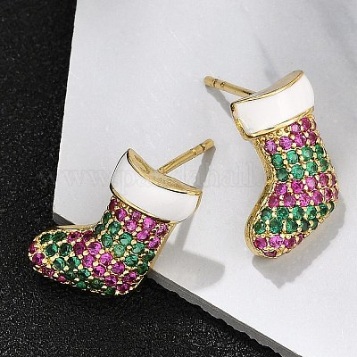 Рождественская стойка позолоченная латунь кубический цирконий серьги-гвоздики EJEW-K245-54A-G-1