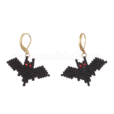 Тематика хэллоуина летучая мышь ручной работы стеклянные бусины серьги с застежкой-молнией EJEW-MZ00475-1