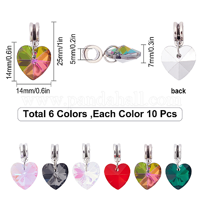 Wholesale SUNNYCLUE 1 Box 60Pcs 6 Color European Dangle Charms Heart Charms  Large Hole Faceted Charms for Jewelry Making Glass Heart Charms Bracelet  Bails Clasp Bail Beads Charms Valentine's Day Charm Hole