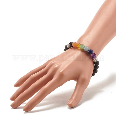 Браслет из круглых бусин из натуральной лавы и смешанных камней BJEW-JB07469-01-1