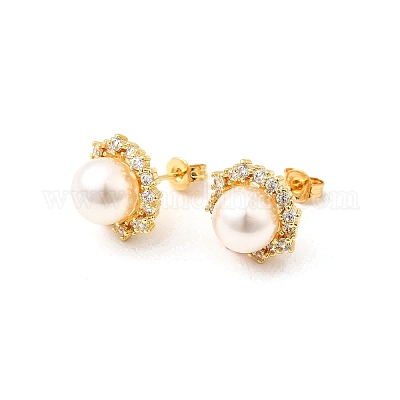 Круглые серьги-гвоздики из латуни с микропаве из прозрачных кубических цирконий EJEW-C154-07G-1