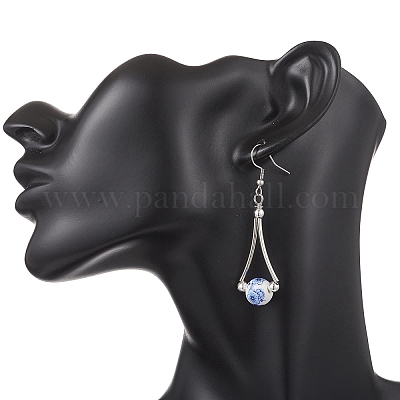 Круглые серьги-подвески ручной работы с цветочным принтом EJEW-JE06800-1