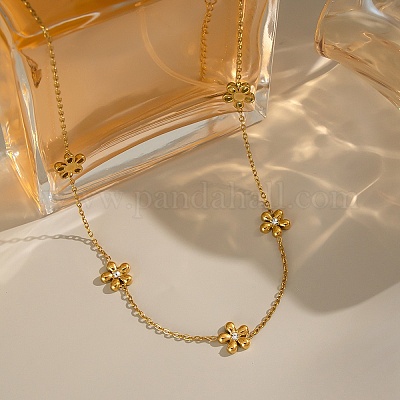 304 нержавеющая сталь кристалл горный хрусталь цветочные звенья цепи ожерелья для женщин NJEW-A059-02G-1