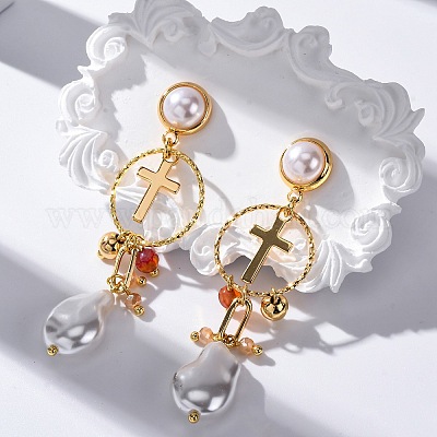 Серьги-гвоздики с подвесками в виде креста из латуни EJEW-R014-11G-1