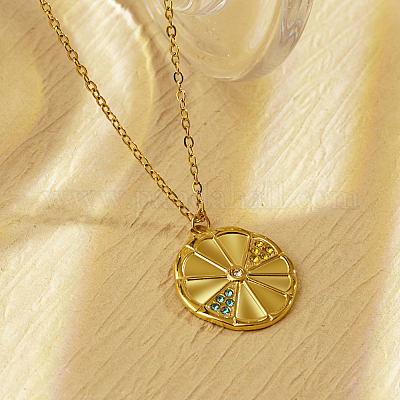 Элегантные плоские круглые оранжевые ожерелья с подвеской из нержавеющей стали и стразами для женщин GR8517-1-1