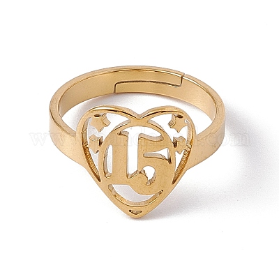 Ионное покрытие (ip) 201 нержавеющая сталь сердце с номером 15 регулируемое кольцо для женщин RJEW-C045-12G-1