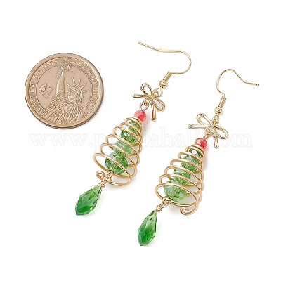 Елка с бантом латунные серьги-подвески из проволочного стекла EJEW-JE06125-1