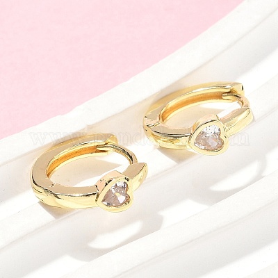 Серьги-кольца из латуни с микропаве и прозрачным кубическим цирконием в форме сердца&nbsp;LS-EJEW-Z102-28G-1