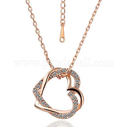 Valentine Ideal Gift Trendy Real Rose Gold Plated Eco-Friendly Tin Alloy Czech Rhinestone Heart To Heart Pendant Necklaces NJEW-BB13781-RG-1