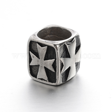 Retro Smooth 304 Stainless Steel Large Hole Cube Beads with Cross STAS-I031-28-1