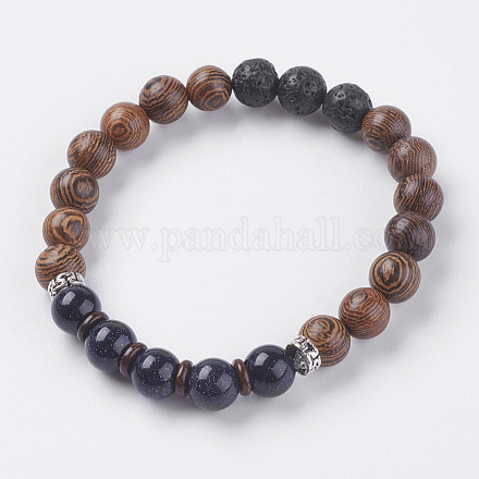 Natural Lava Rock & Wenge Wood Beads & Coconut Stretch Bracelets BJEW-I241-03B-1