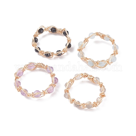 Round Natural Stone Braided Bead Finger Ring RJEW-JR00448-1