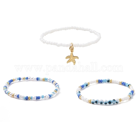 3 pièces 3 style graine de verre & abs plastique perle & mauvais œil perlé bracelets extensibles ensemble BJEW-JB09358-1