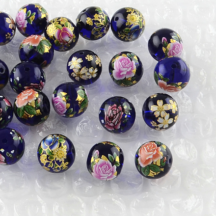 Perles rondes imprimées de motif de fleur rose en verre GFB-R004-10mm-M13-1