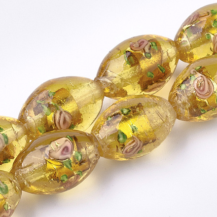 手作りの金箔ガラスランプワークビーズ  花とオーバル  ゴールド  16~17x9~11mm  穴：1.5~2mm LAMP-Q030-02E-1