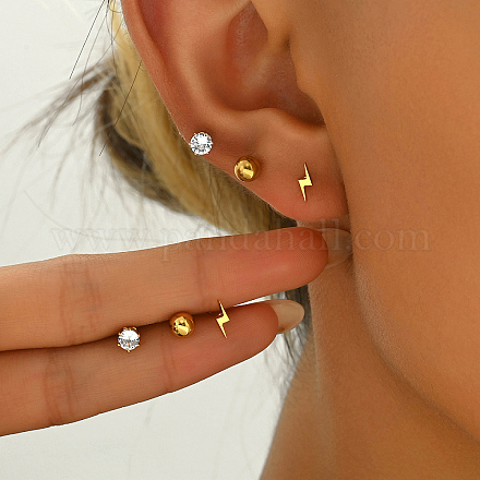 Элегантные серьги-гвоздики в форме молнии и круглой бусины из нержавеющей стали 201 WH4454-1