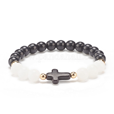 Natural White Jade & Synthetic Turquoise(Dyed) Stretch Bracelet with Cross BJEW-JB08295-01-1