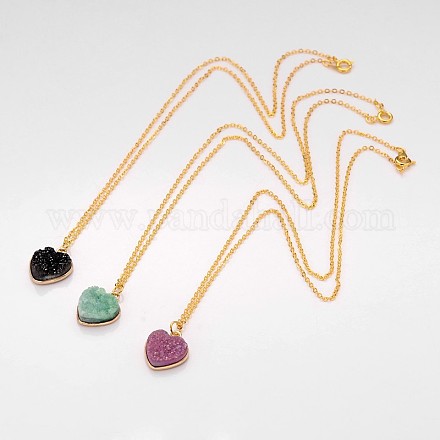 Golden Tone Brass Chain with Electroplate Natural Druzy Crystal Heart Pendant Necklace NJEW-JN01204-1