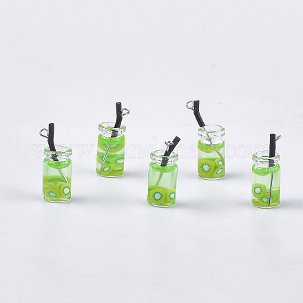 ガラスボトルペンダント  樹脂と  プラスチックおよび鉄のパーツ  フルーツティーチャーム  プラチナ  緑黄  25~28x10mm  穴：1.8mm CRES-N017-06F-1